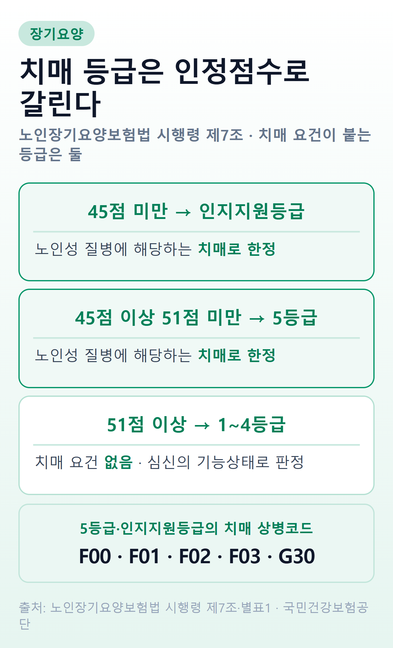 치매 등급 판정 기준 요약 — 45점 미만 인지지원등급, 45점 이상 51점 미만 5등급, 51점 이상 1~4등급, 치매 상병코드 5종